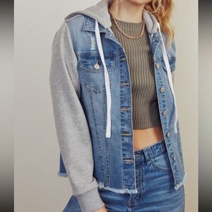KanCan Light Blue Denim Jacket Hoodie with stretch and a removable hood.